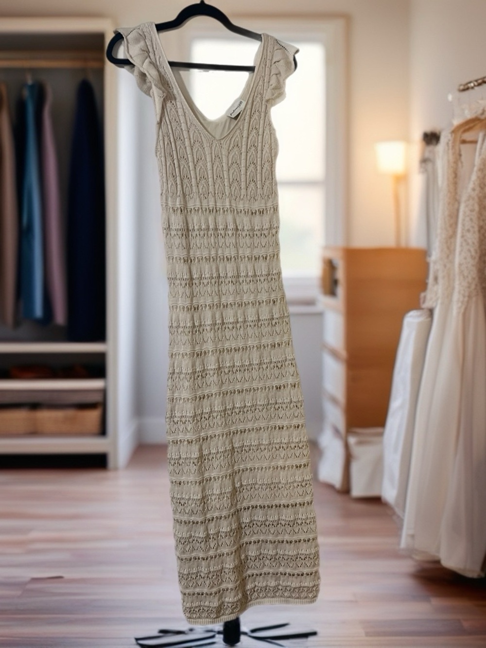 Freshman Crochet Maxi Dress in Cream with Ruffle Sleeves